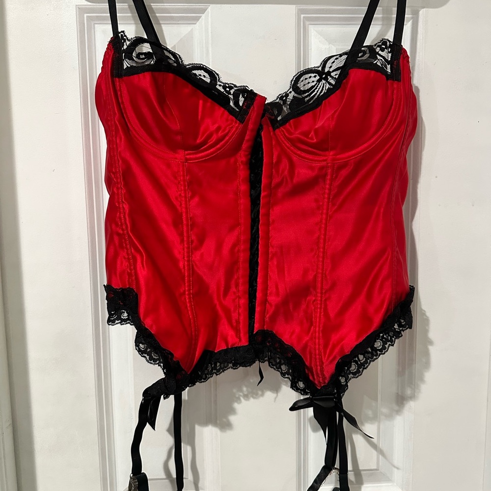 Frederick's of Hollywood Red Satin Bustier with Black Lace Trim